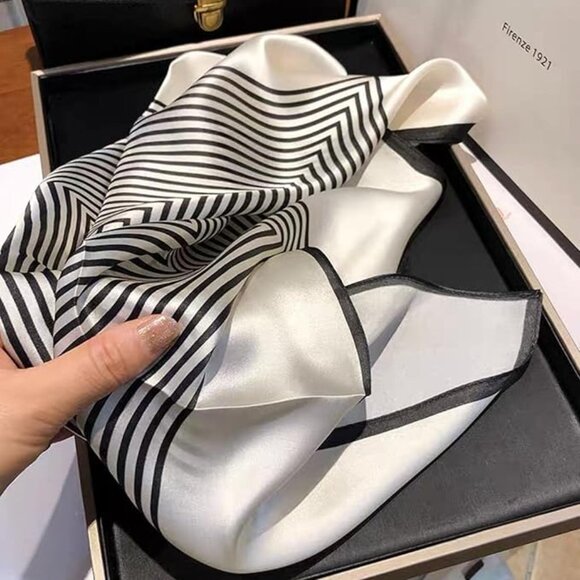 100% Mulberry Silk Neck Scarf 21"x21" Black & White Stripes - Picture 4 of 5